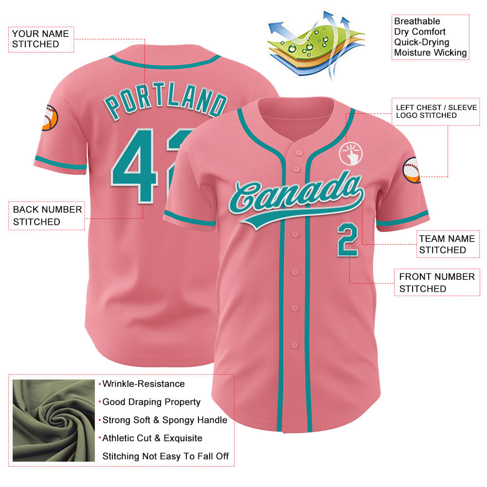 Custom Medium Pink Teal-White Authentic Baseball Jersey view 3
