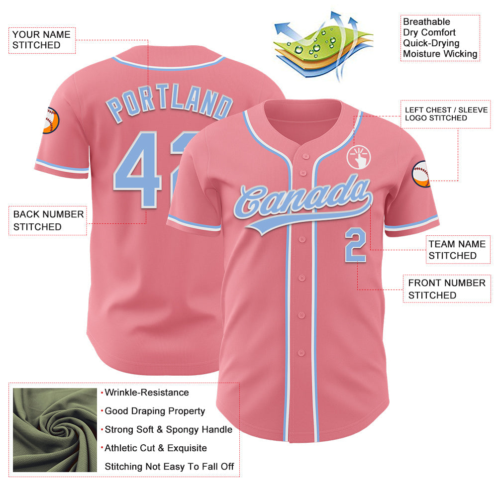 Custom Medium Pink Light Blue-White Authentic Baseball Jersey view 3
