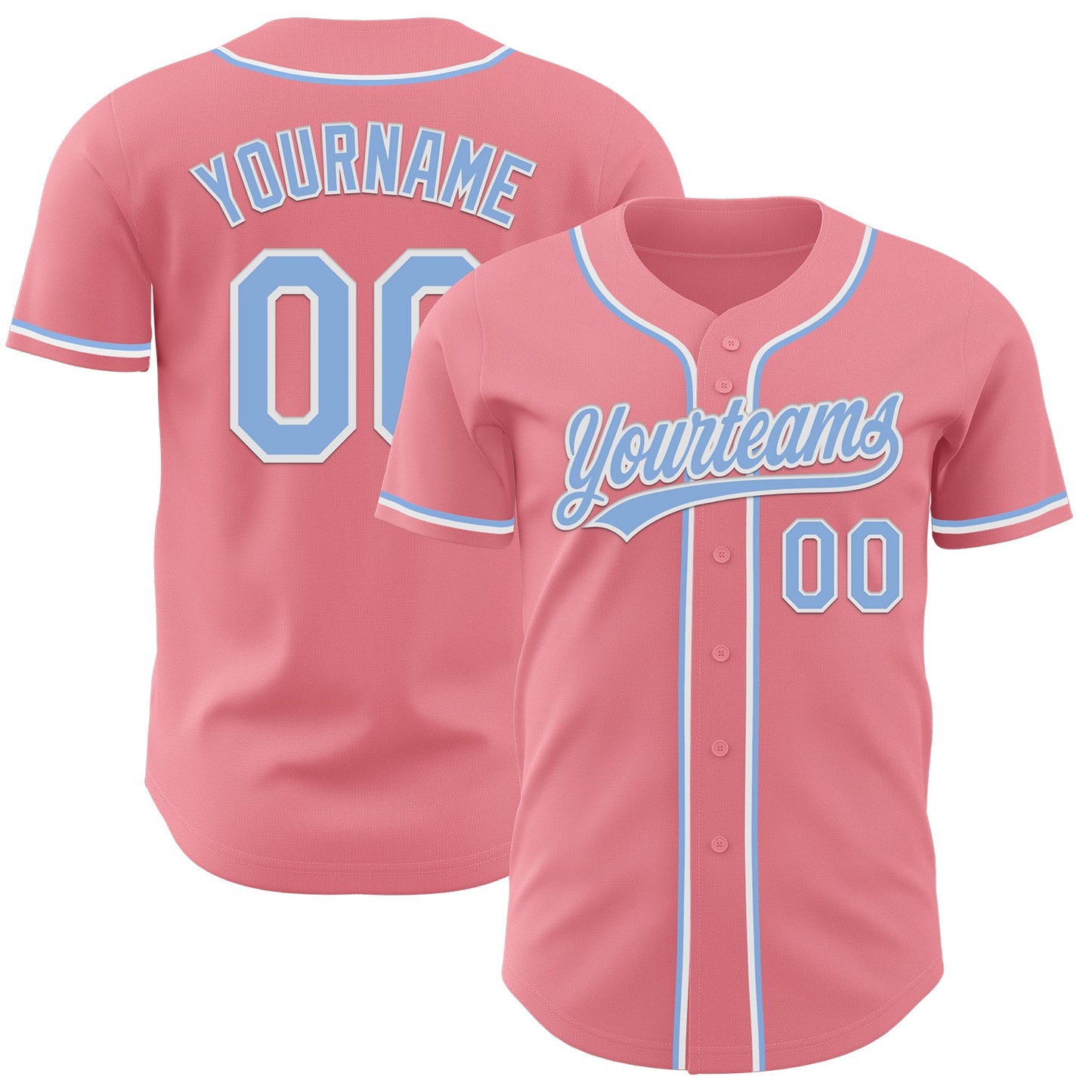 Custom Medium Pink Light Blue-White Authentic Baseball Jersey - Main View