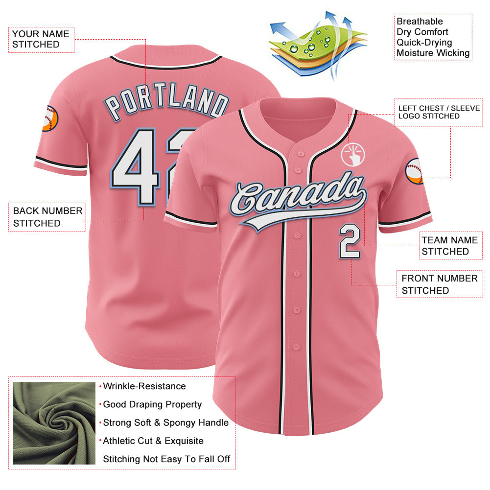 Custom Medium Pink Black-Light Blue Authentic Baseball Jersey view 3