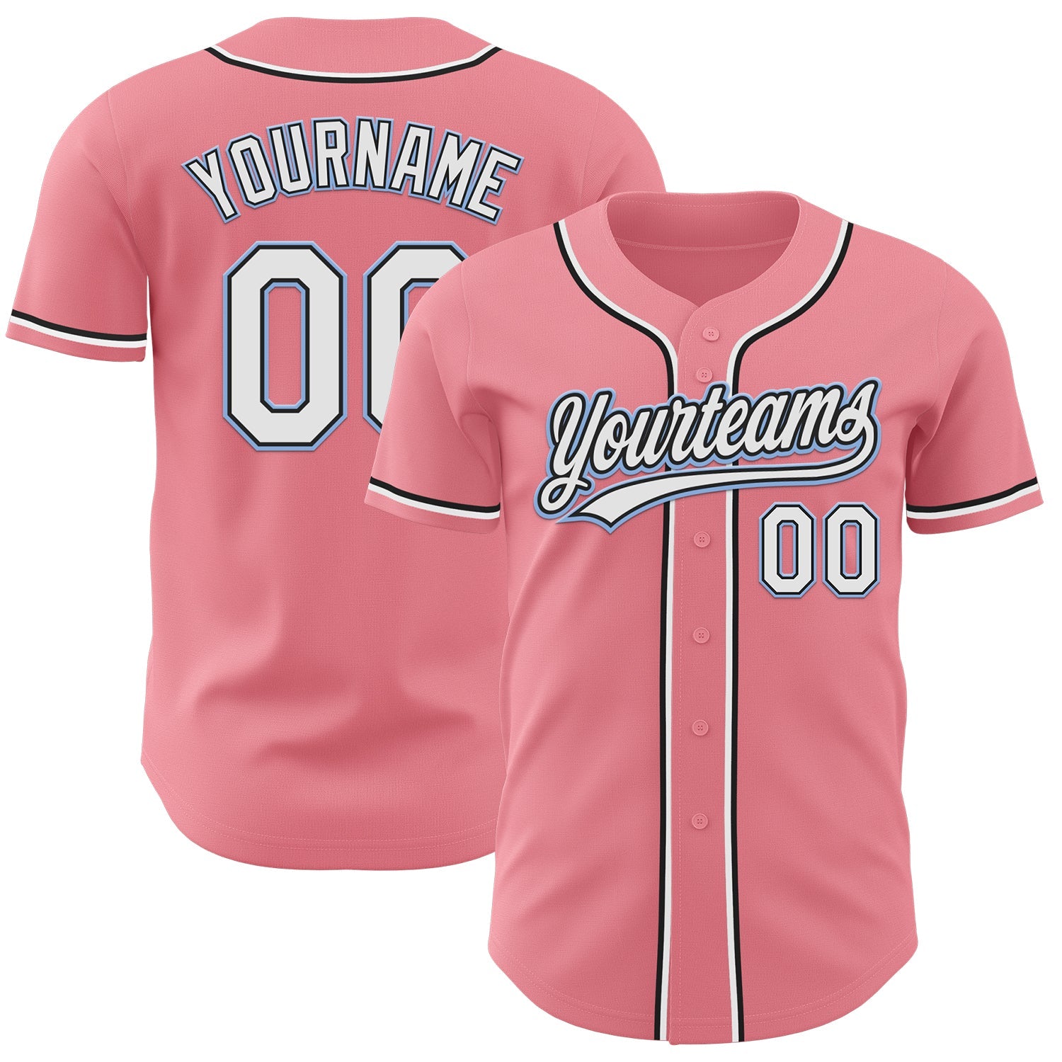 Custom Medium Pink Black-Light Blue Authentic Baseball Jersey - Main View