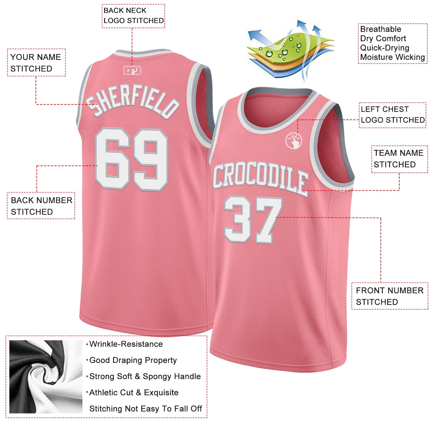 Custom Medium Pink White-Gray Authentic Basketball Jersey view 2