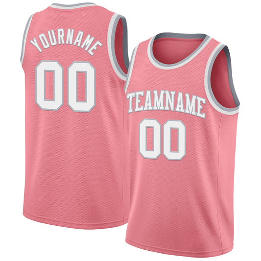 Custom Medium Pink White-Gray Authentic Basketball Jersey - Main View