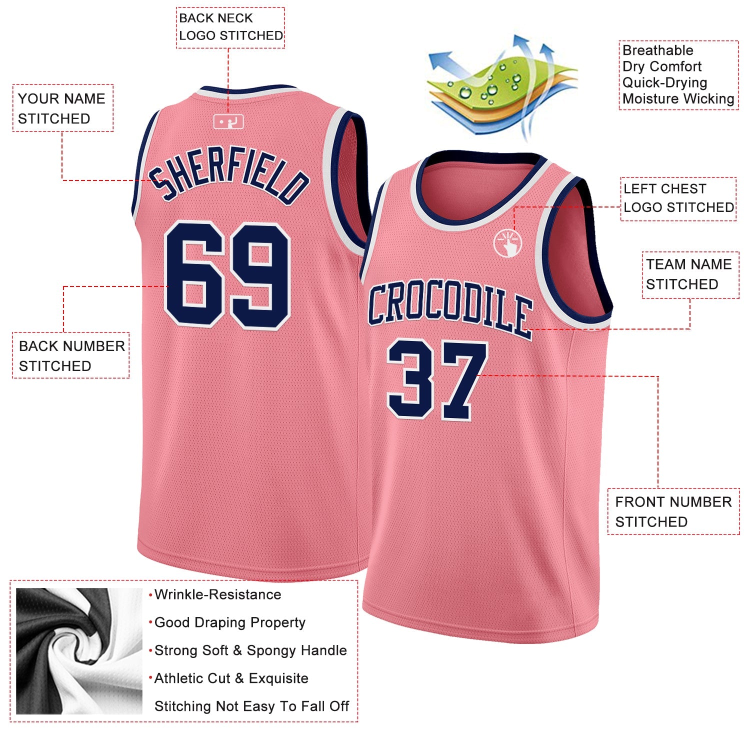 Custom Medium Pink Navy-White Authentic Basketball Jersey view 2
