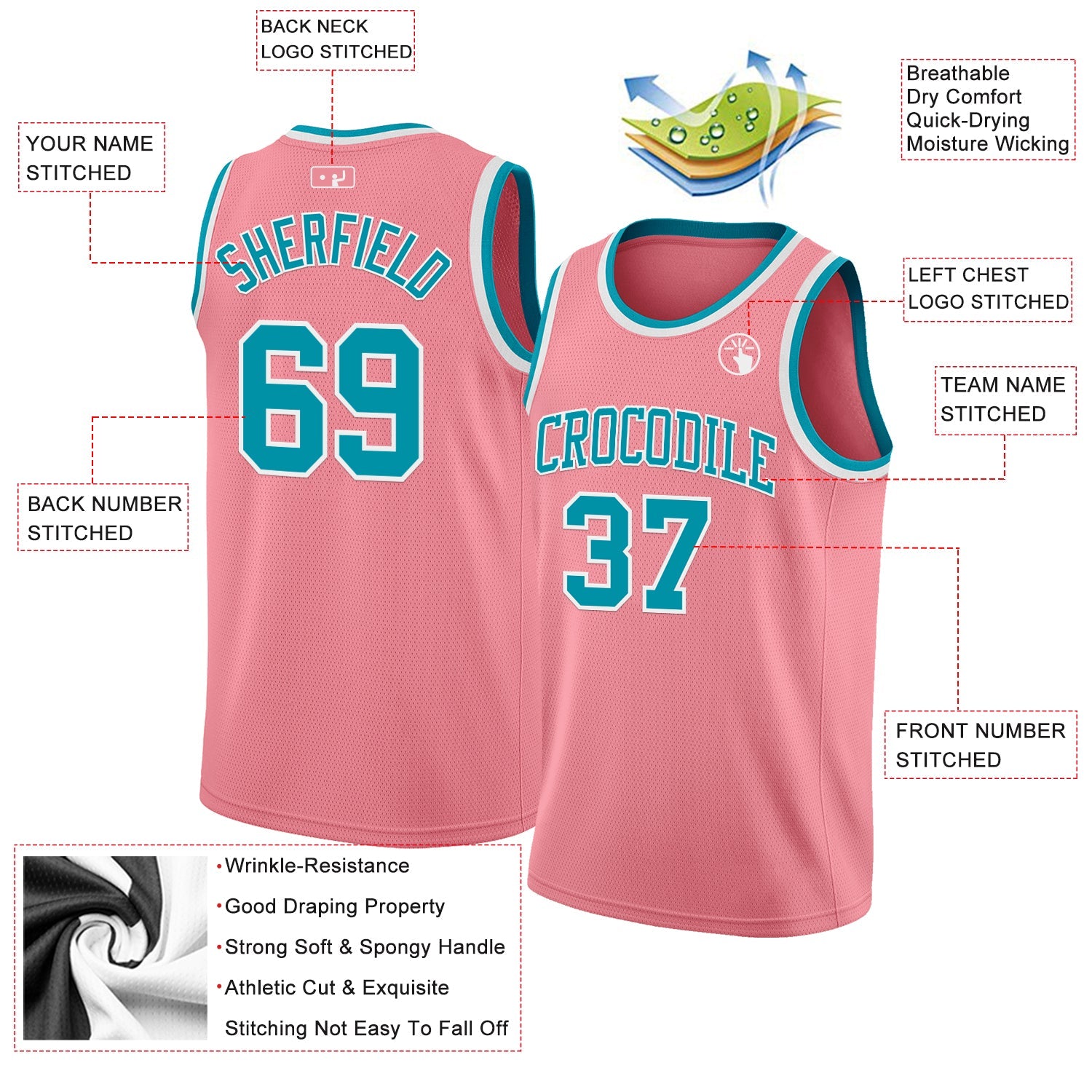 Custom Medium Pink Teal-White Authentic Basketball Jersey view 2