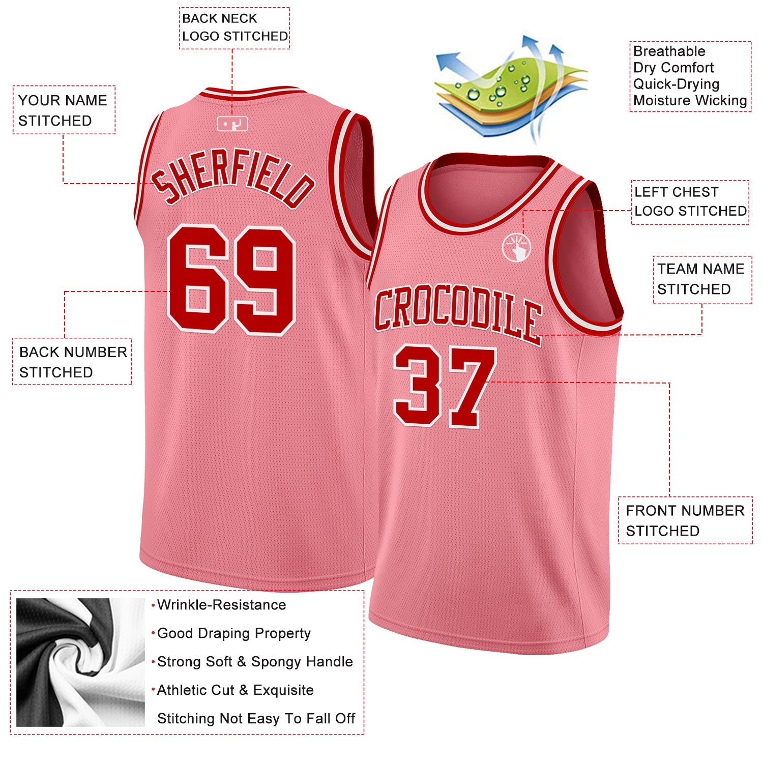 Custom Medium Pink Red-White Authentic Basketball Jersey view 2