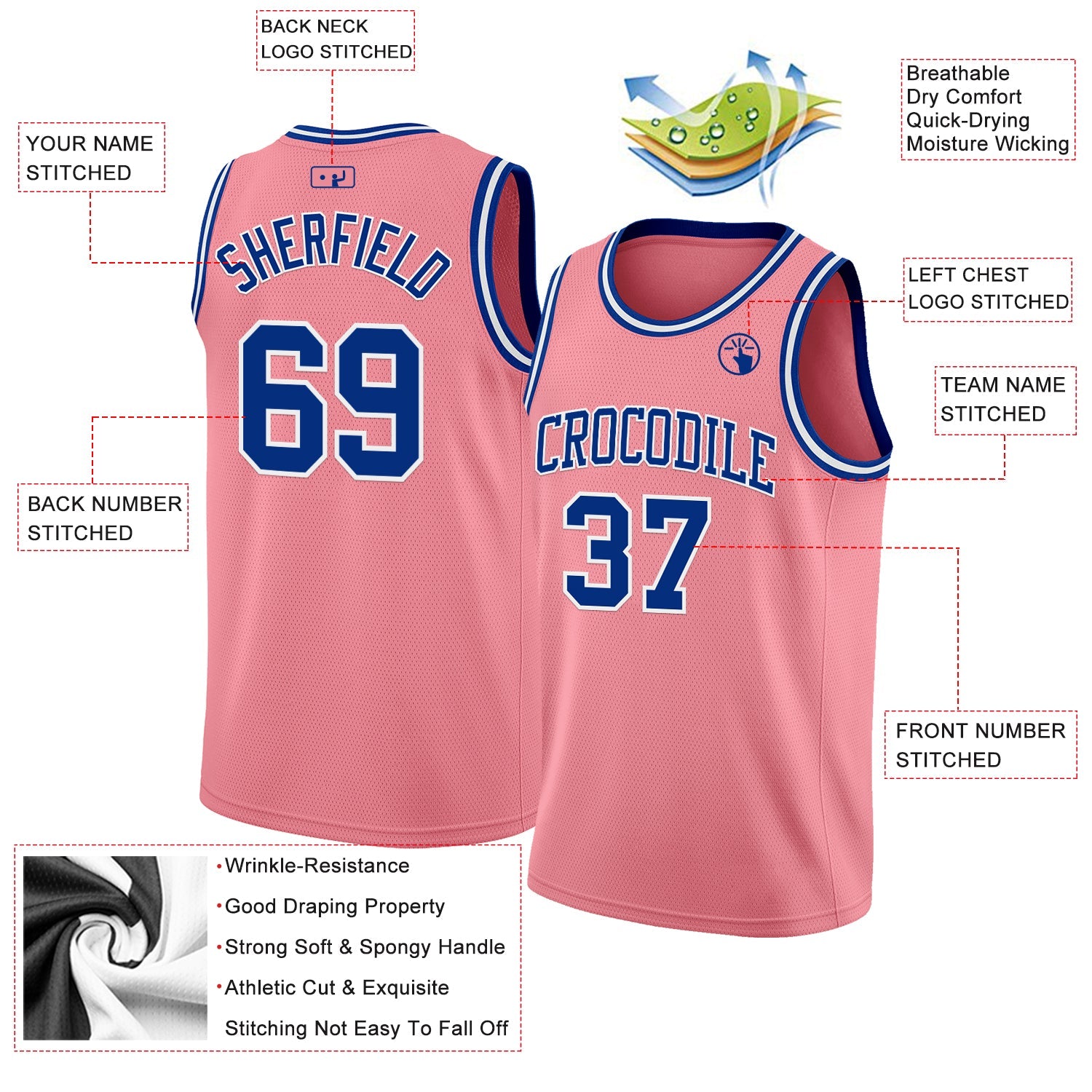 Custom Medium Pink Royal-White Authentic Basketball Jersey view 2