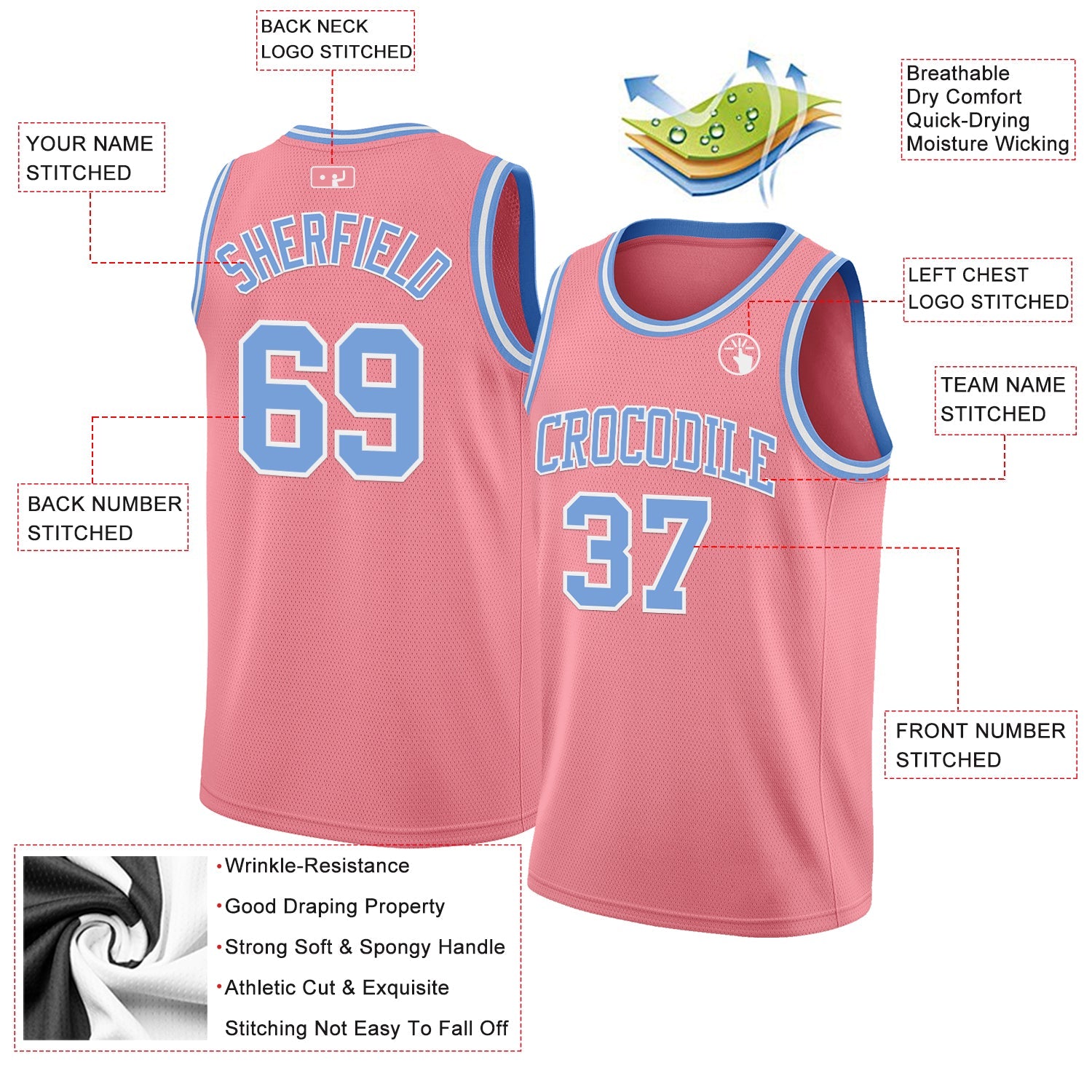 Custom Medium Pink Light Blue-White Authentic Basketball Jersey view 2