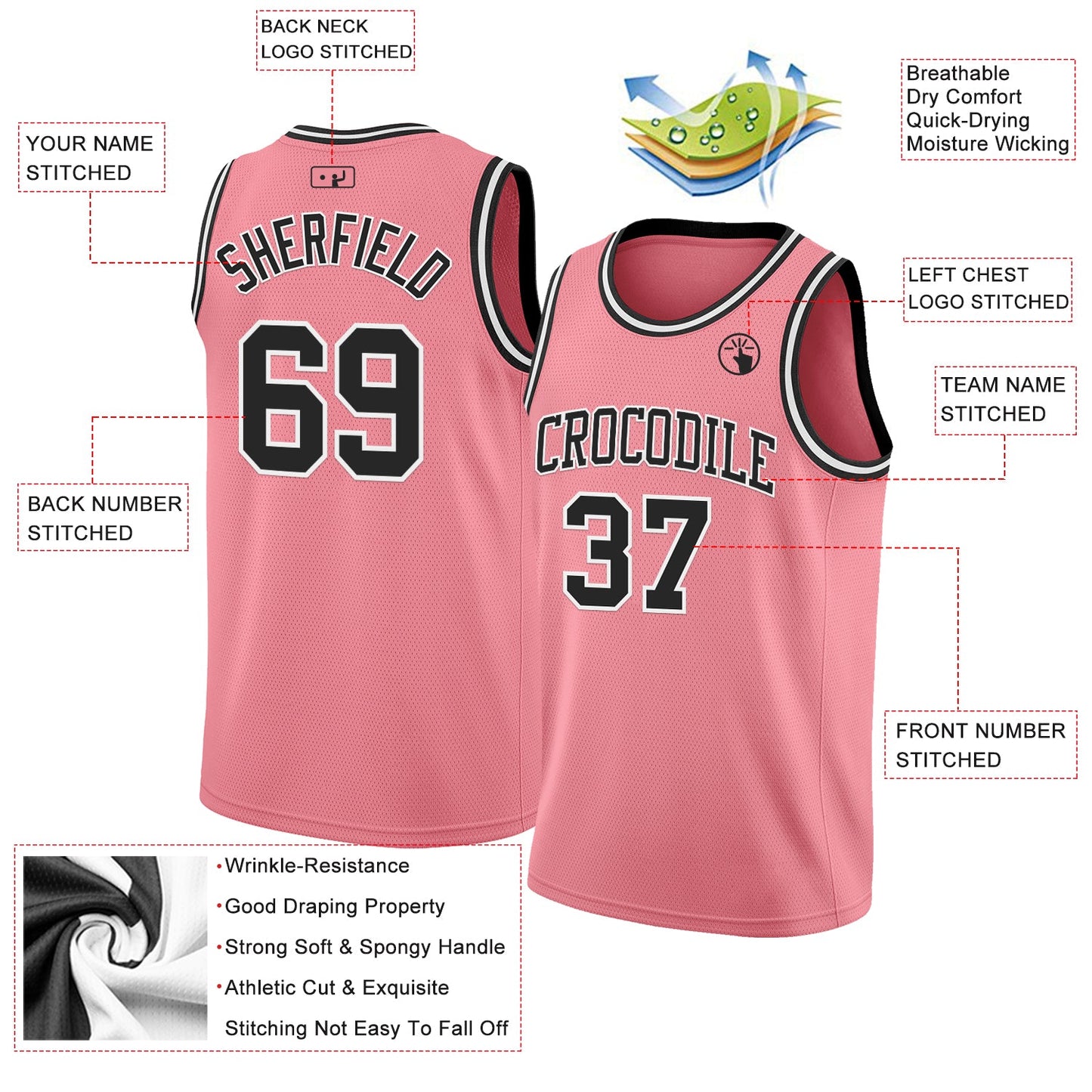 Custom Medium Pink Black-White Authentic Basketball Jersey view 2