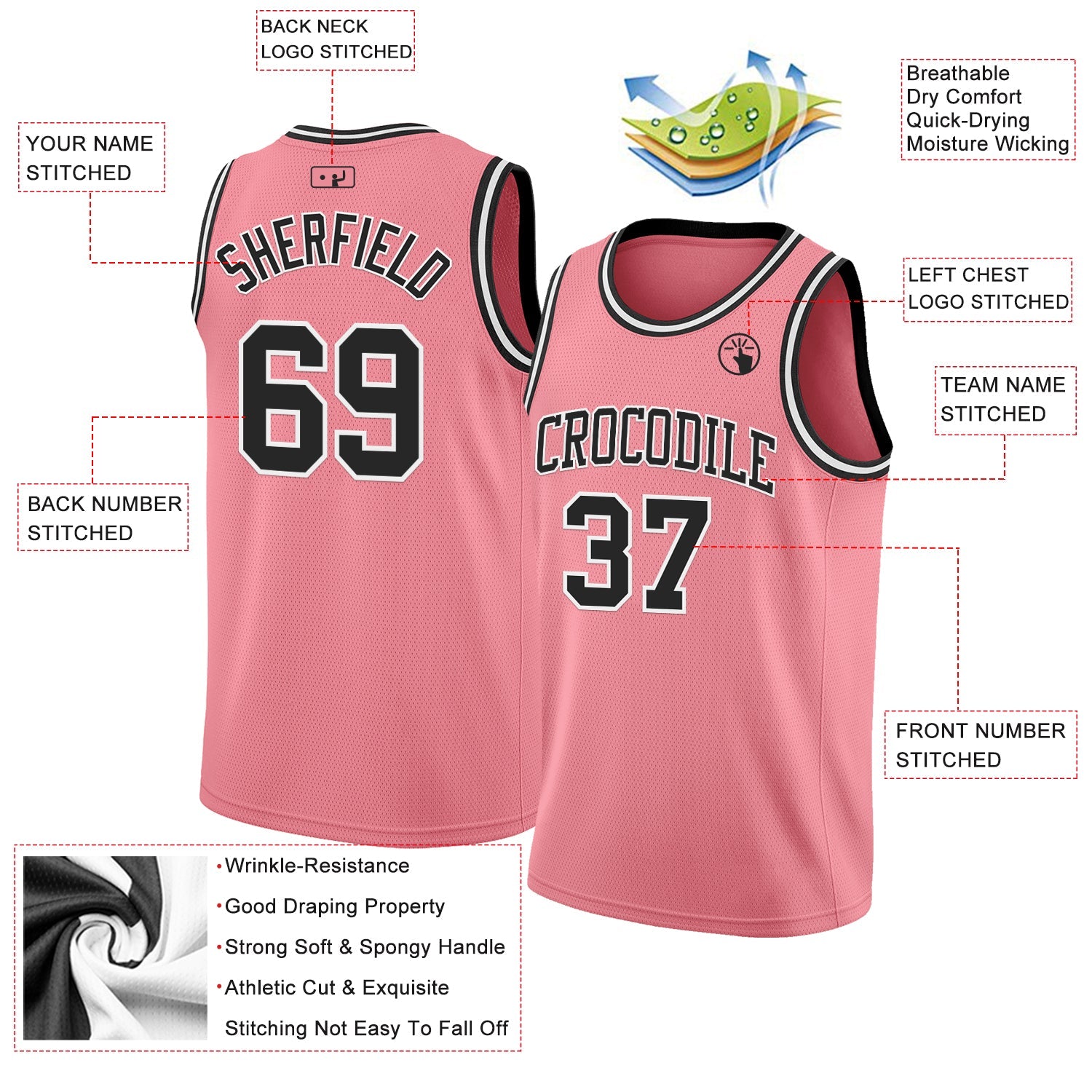Custom Medium Pink Black-White Authentic Basketball Jersey view 2