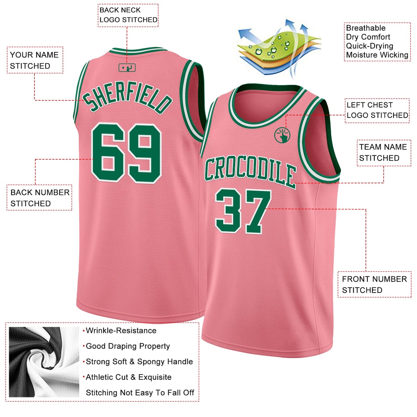 Custom Medium Pink Kelly Green-White Authentic Basketball Jersey view 2