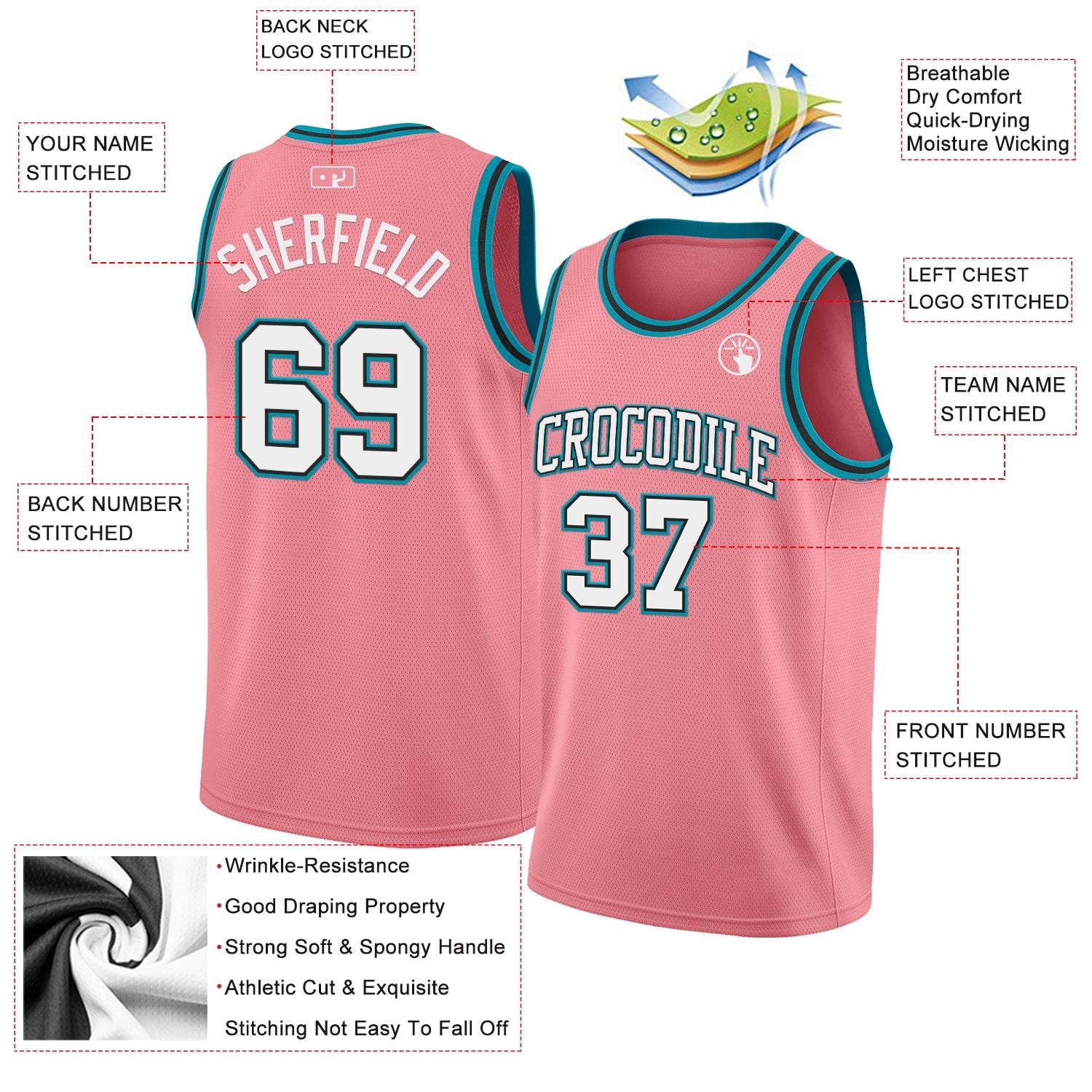 Custom Medium Pink White Black-Teal Authentic Basketball Jersey view 2