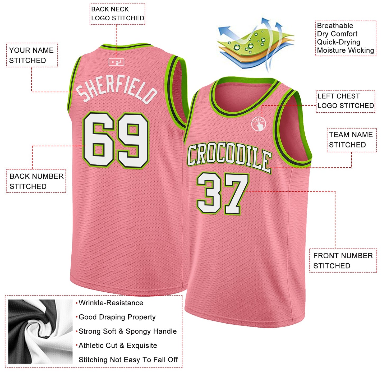 Custom Medium Pink White Black-Neon Green Authentic Basketball Jersey view 2