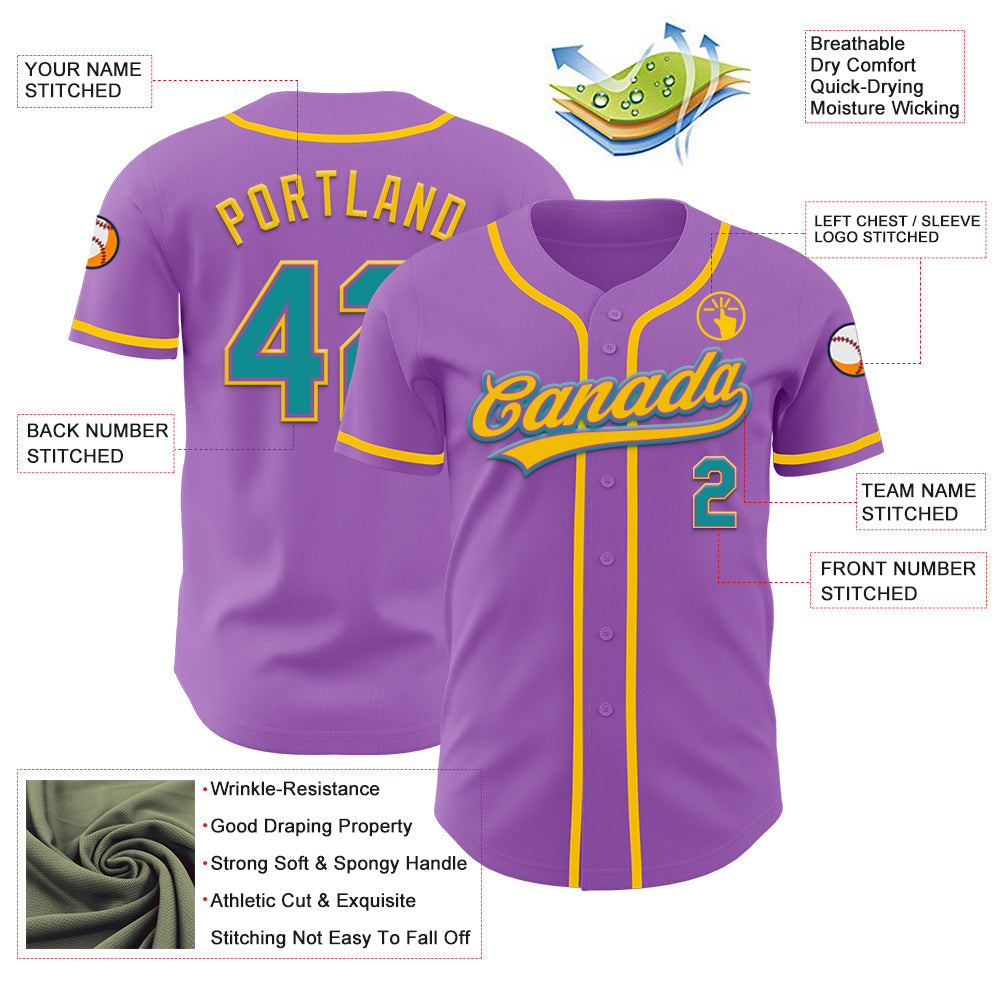 Custom Medium Purple Teal-Yellow Authentic Baseball Jersey view 3
