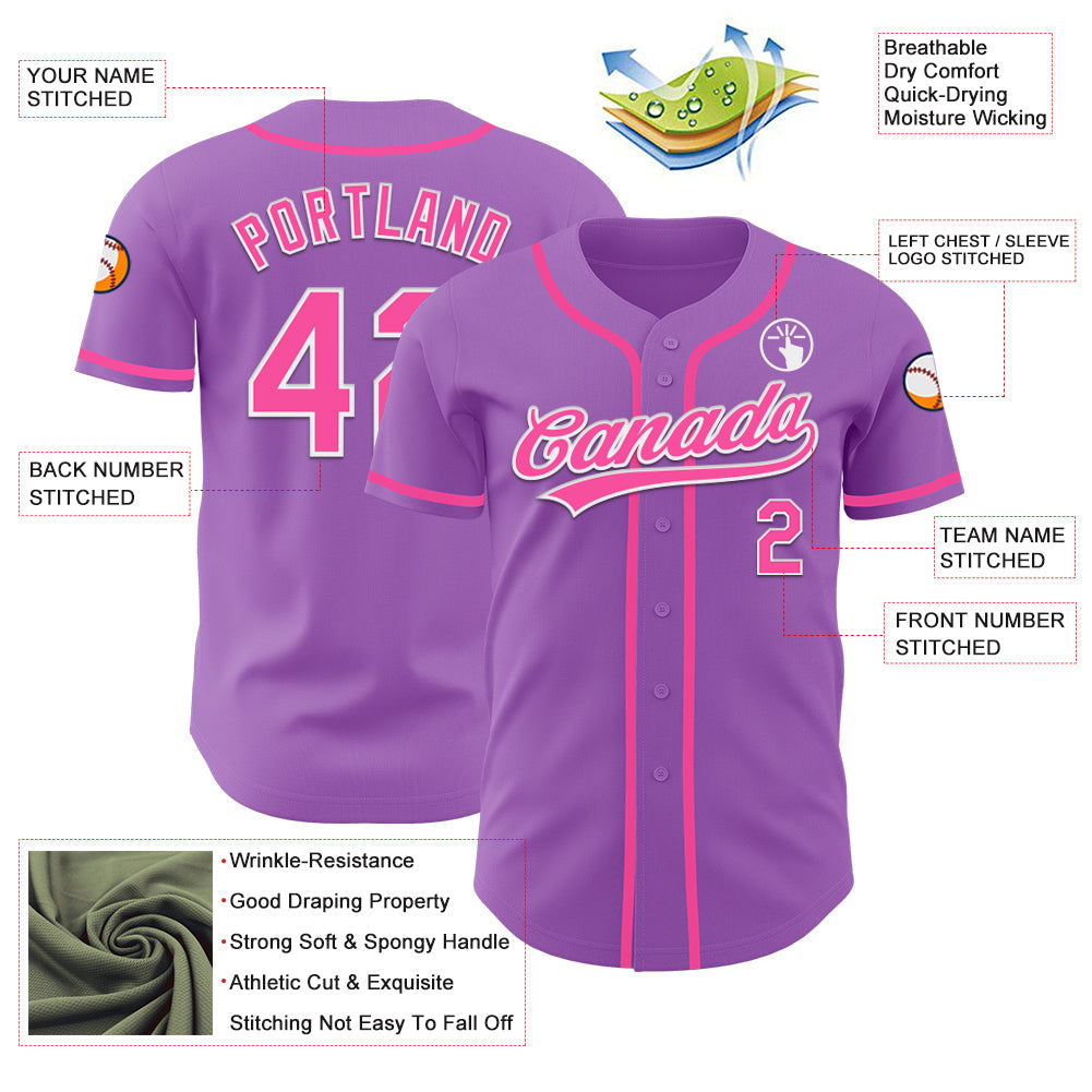 Custom Medium Purple Pink-White Authentic Baseball Jersey view 3