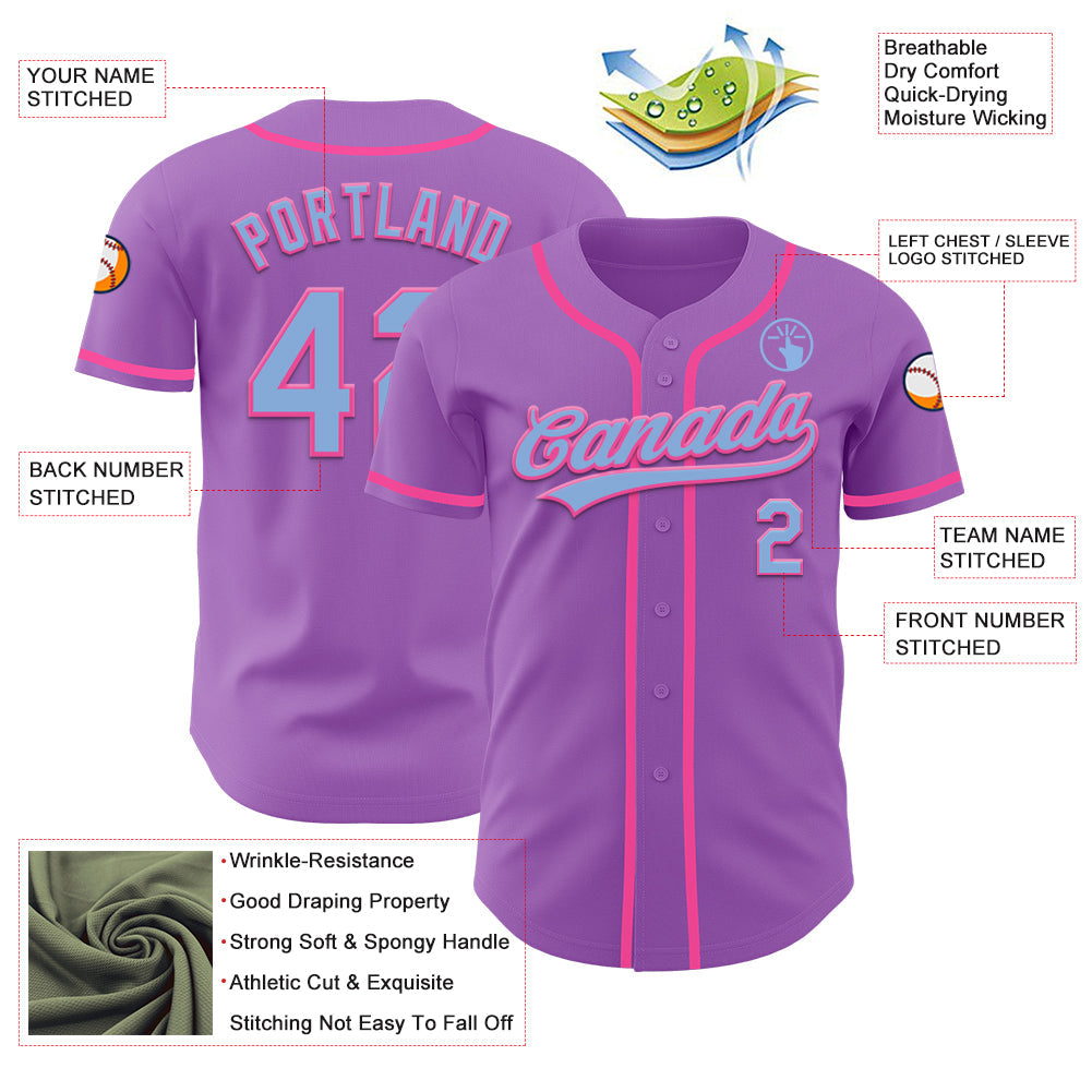 Custom Medium Purple Light Blue-Pink Authentic Baseball Jersey view 3