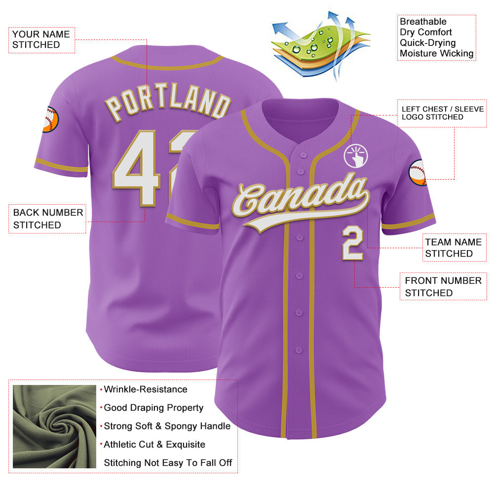 Custom Medium Purple White-Old Gold Authentic Baseball Jersey view 3
