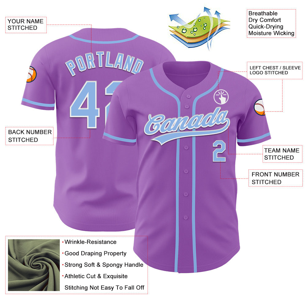 Custom Medium Purple Light Blue-White Authentic Baseball Jersey view 3