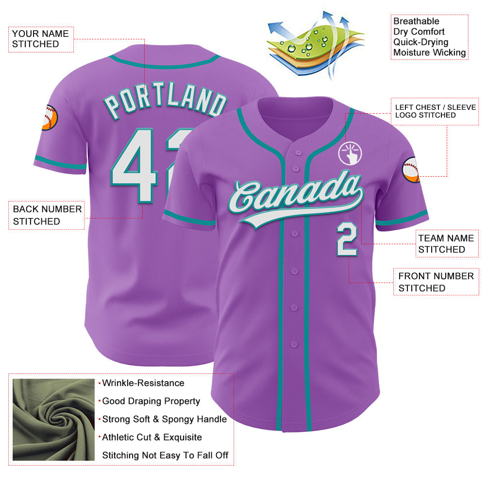 Custom Medium Purple White-Teal Authentic Baseball Jersey view 3