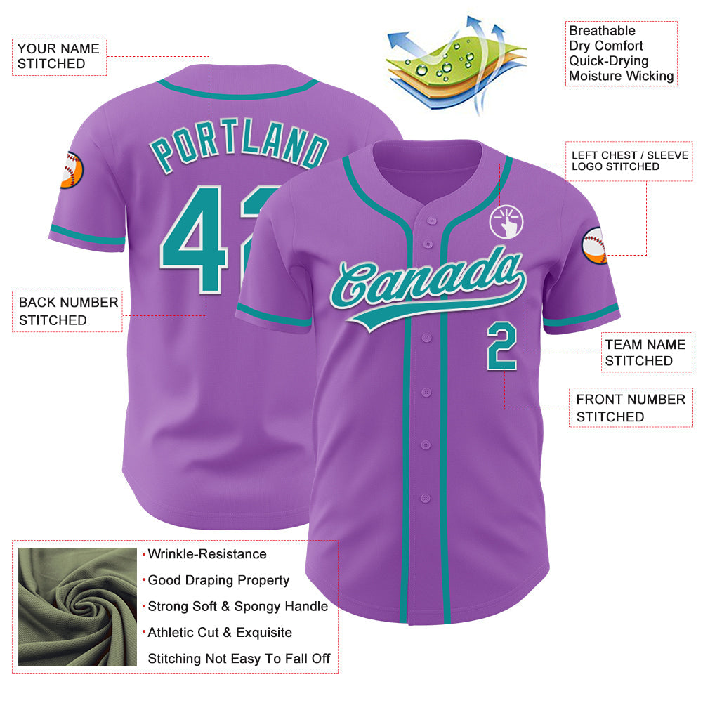Custom Medium Purple Teal-White Authentic Baseball Jersey view 3
