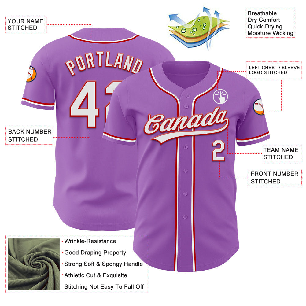 Custom Medium Purple White-Red Authentic Baseball Jersey view 3