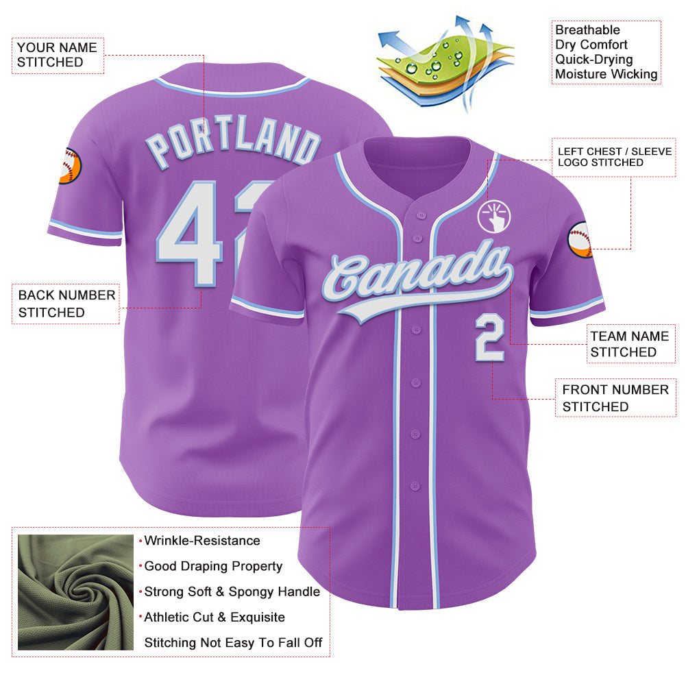 Custom Medium Purple White-Light Blue Authentic Baseball Jersey view 3