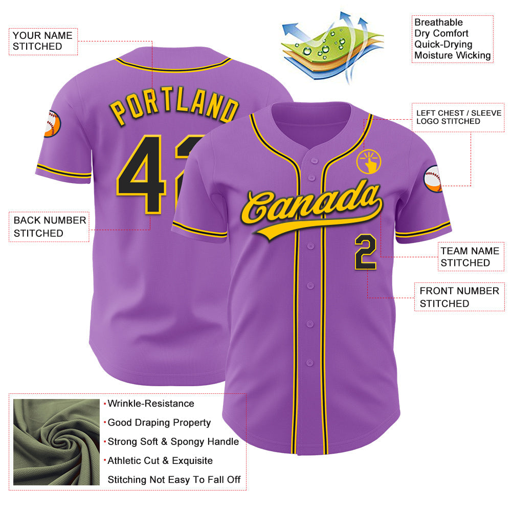 Custom Medium Purple Black-Yellow Authentic Baseball Jersey view 3