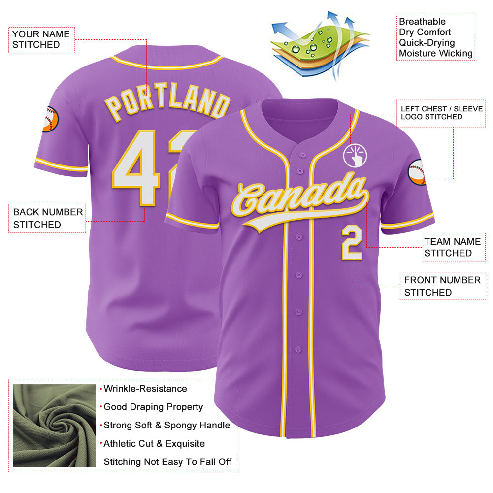 Custom Medium Purple White-Yellow Authentic Baseball Jersey view 3