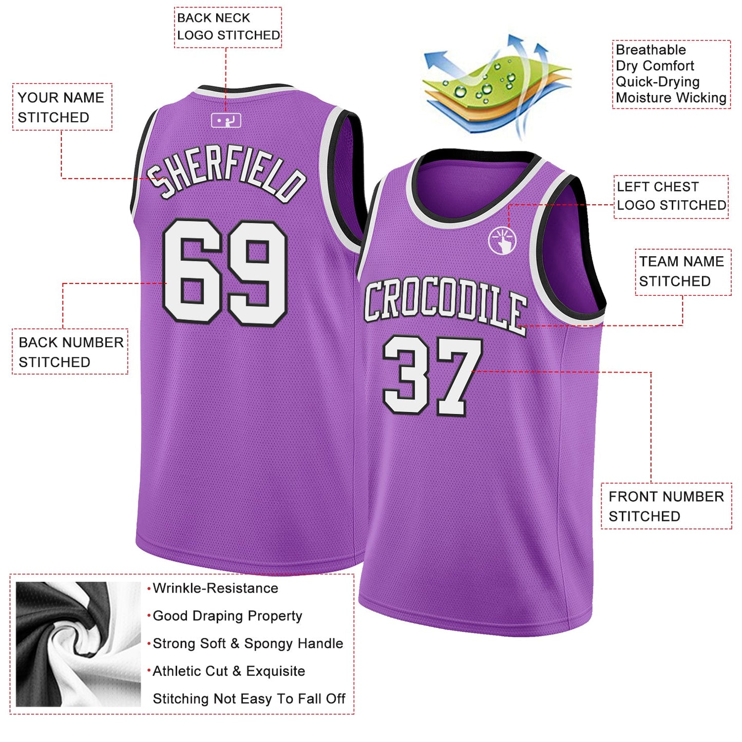 Custom Medium Purple White-Black Authentic Basketball Jersey view 2