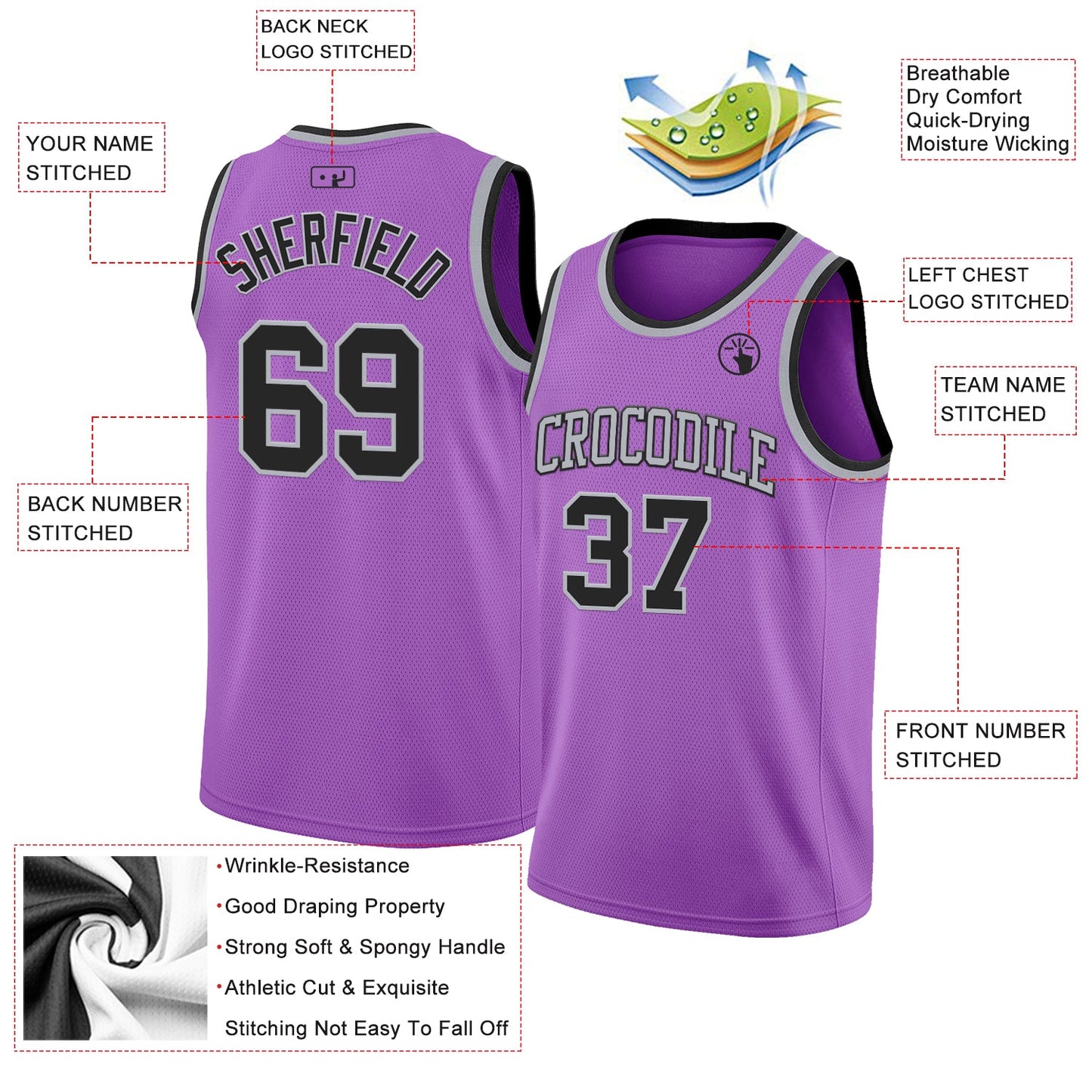 Custom Medium Purple Black-Gray Authentic Basketball Jersey view 2