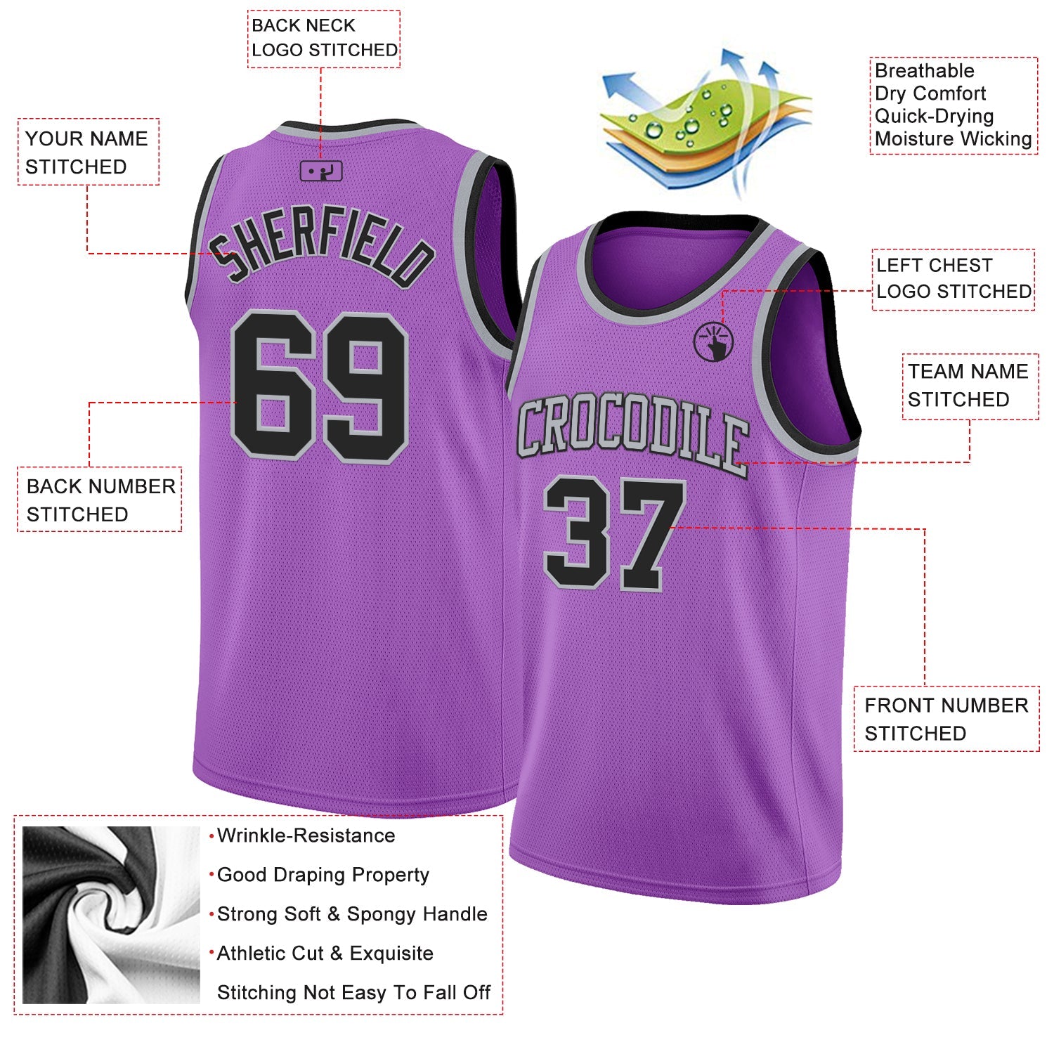 Custom Medium Purple Black-Gray Authentic Basketball Jersey view 2