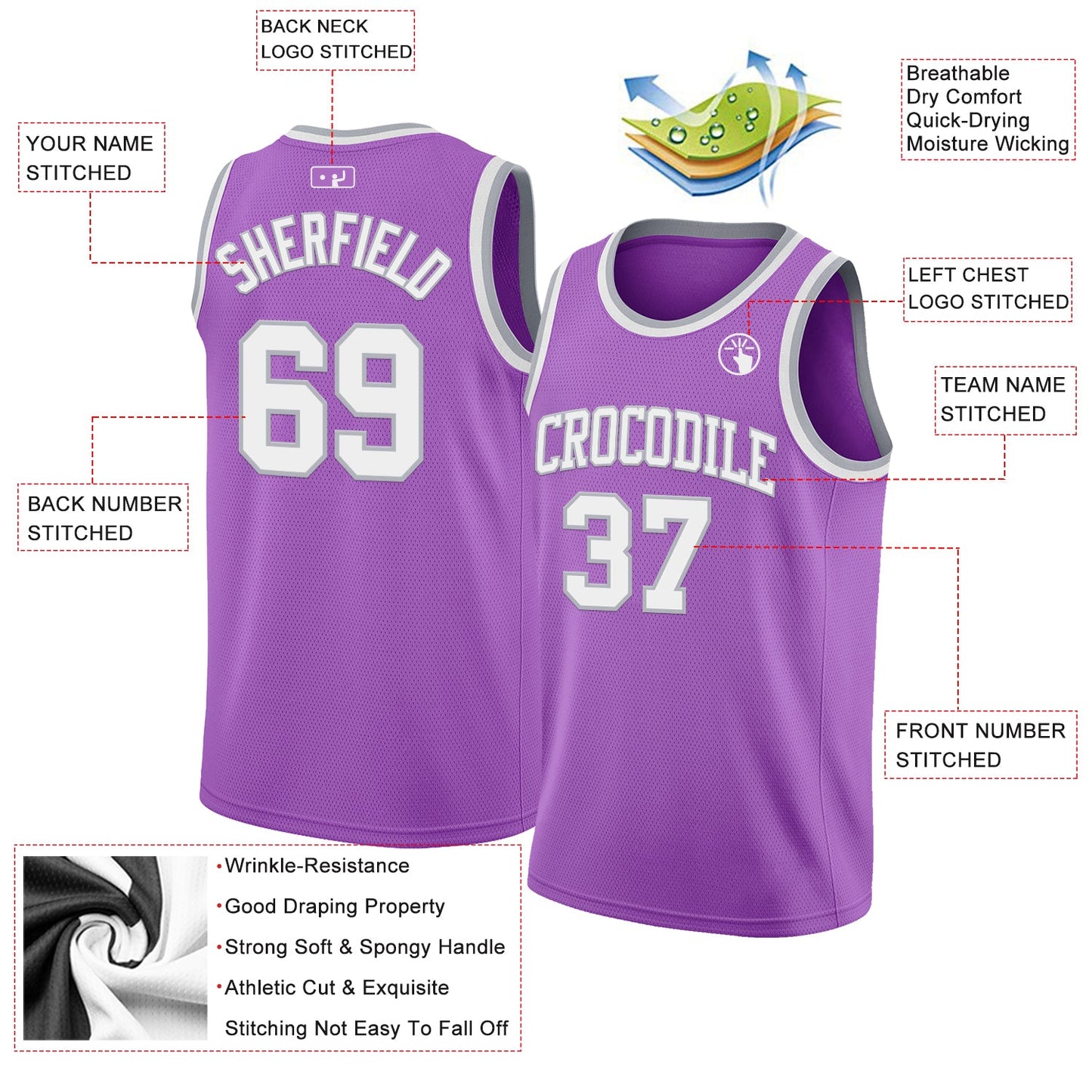 Custom Medium Purple White-Gray Authentic Basketball Jersey view 2