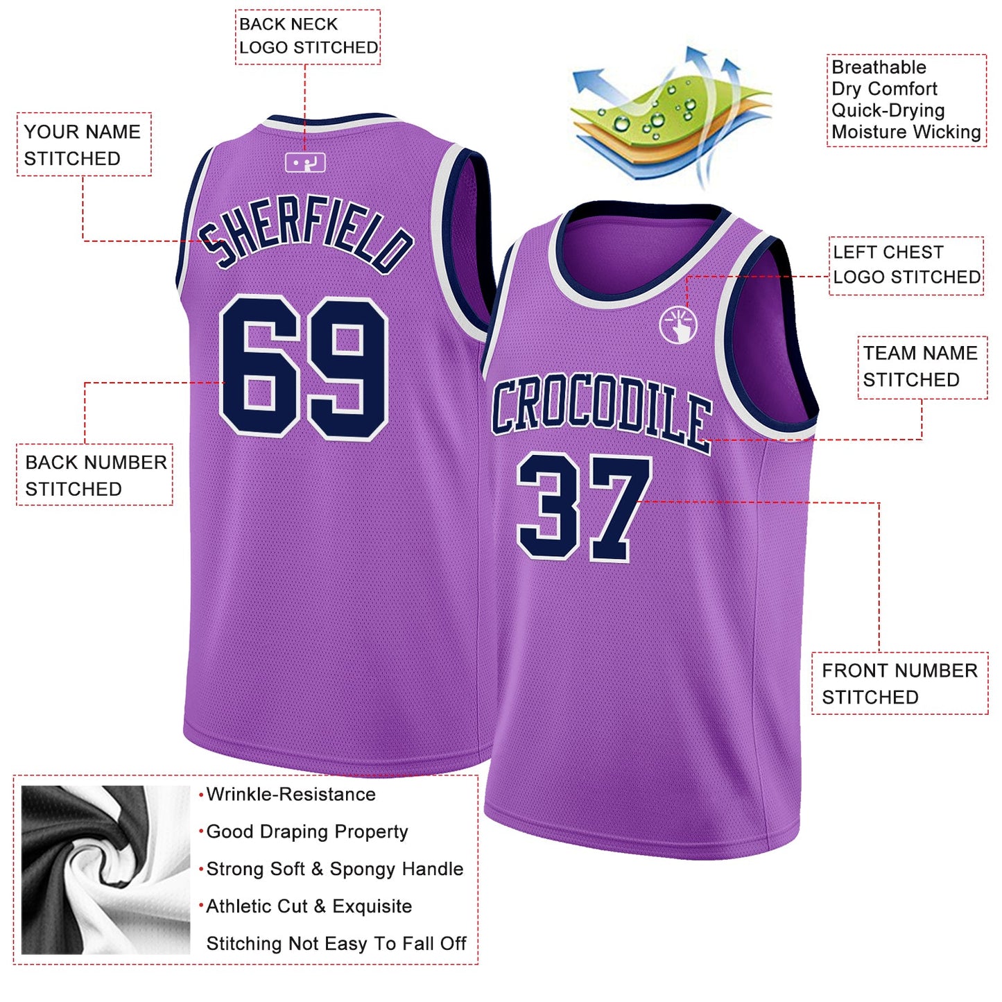 Custom Medium Purple Navy-White Authentic Basketball Jersey view 2