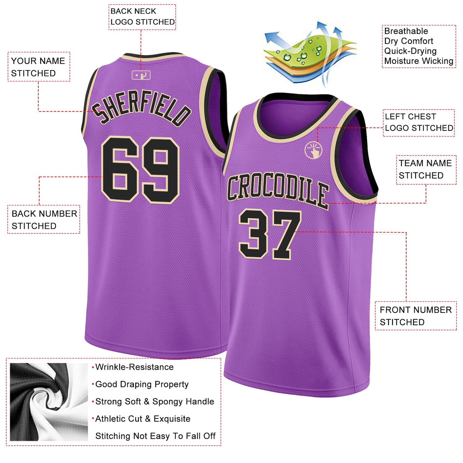 Custom Medium Purple Black-Cream Authentic Basketball Jersey view 2