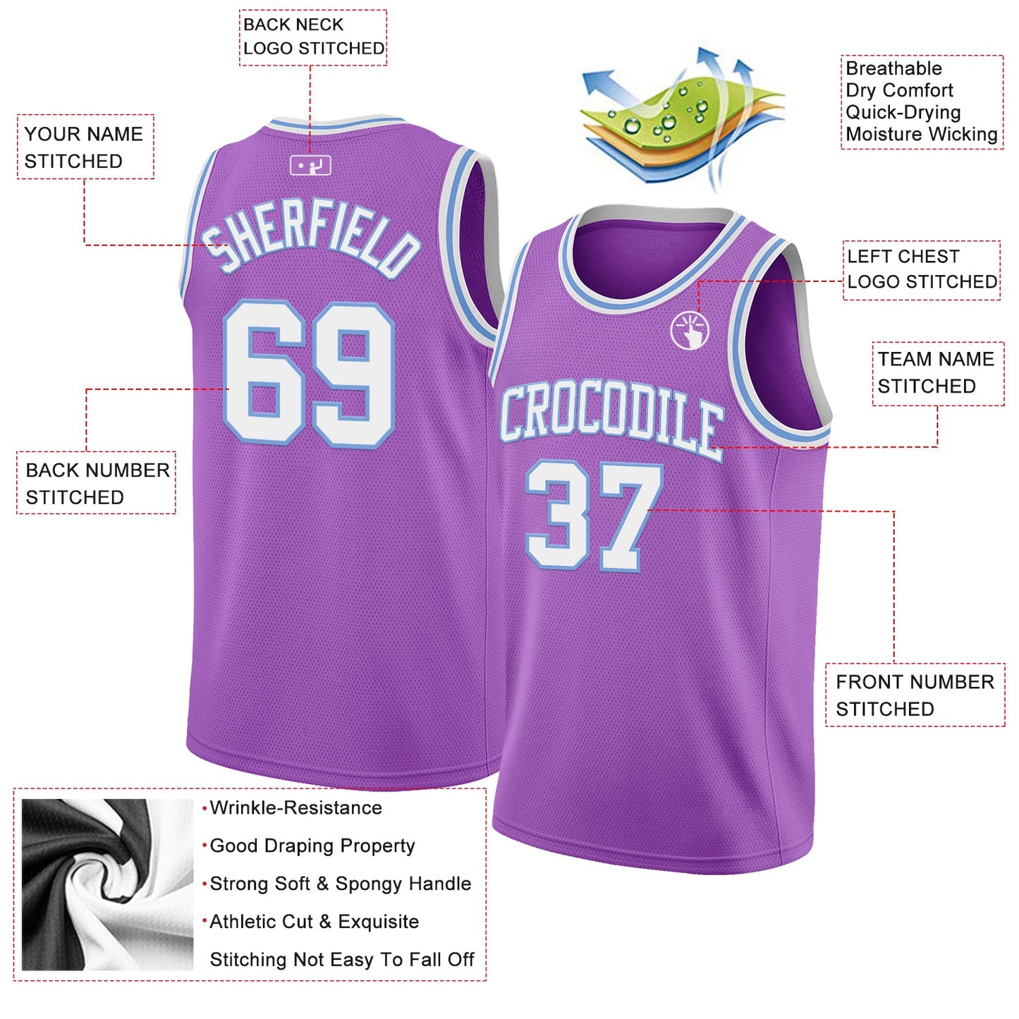 Custom Medium Purple White-Light Blue Authentic Basketball Jersey view 2