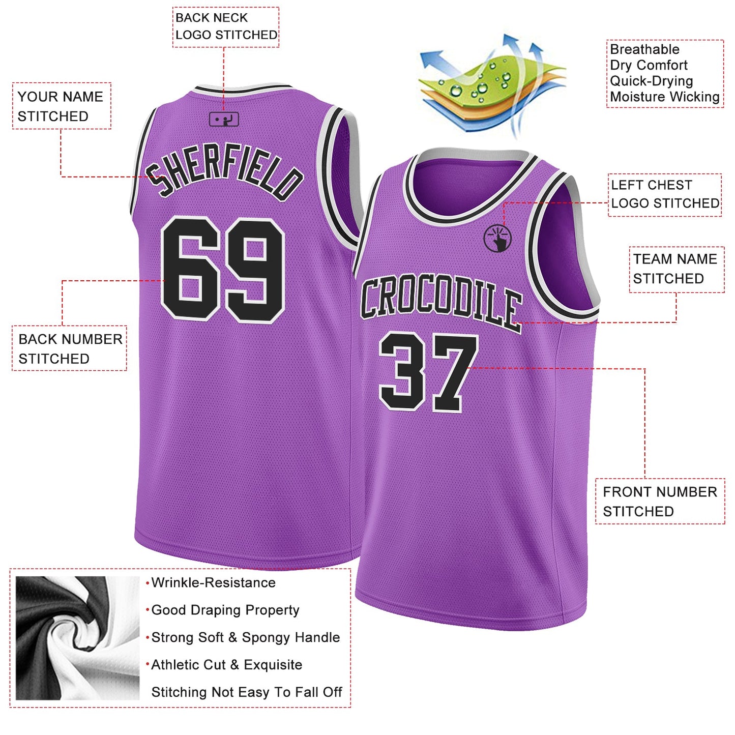 Custom Medium Purple Black-White Authentic Basketball Jersey view 2