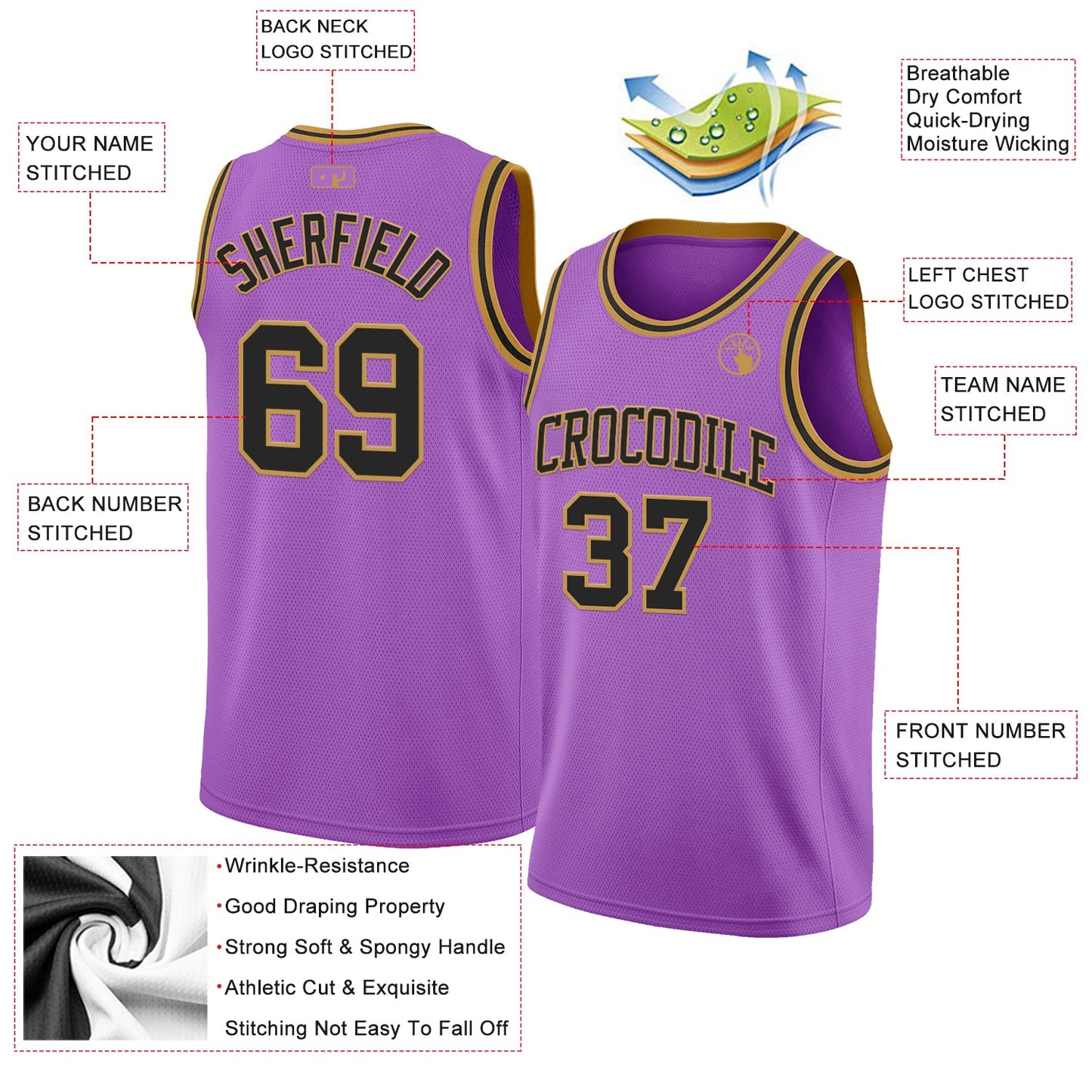 Custom Medium Purple Black-Old Gold Authentic Basketball Jersey view 2