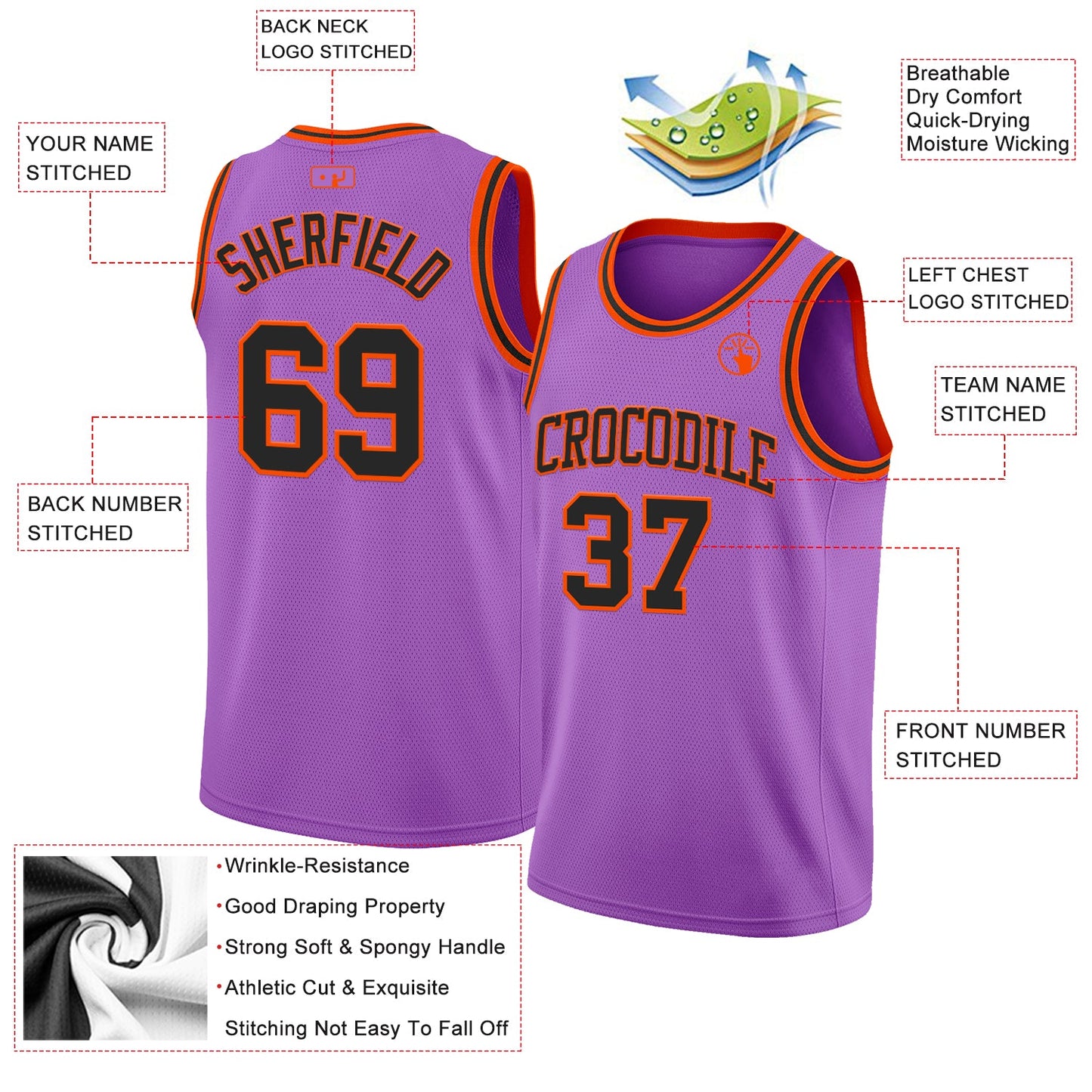 Custom Medium Purple Black-Orange Authentic Basketball Jersey view 2