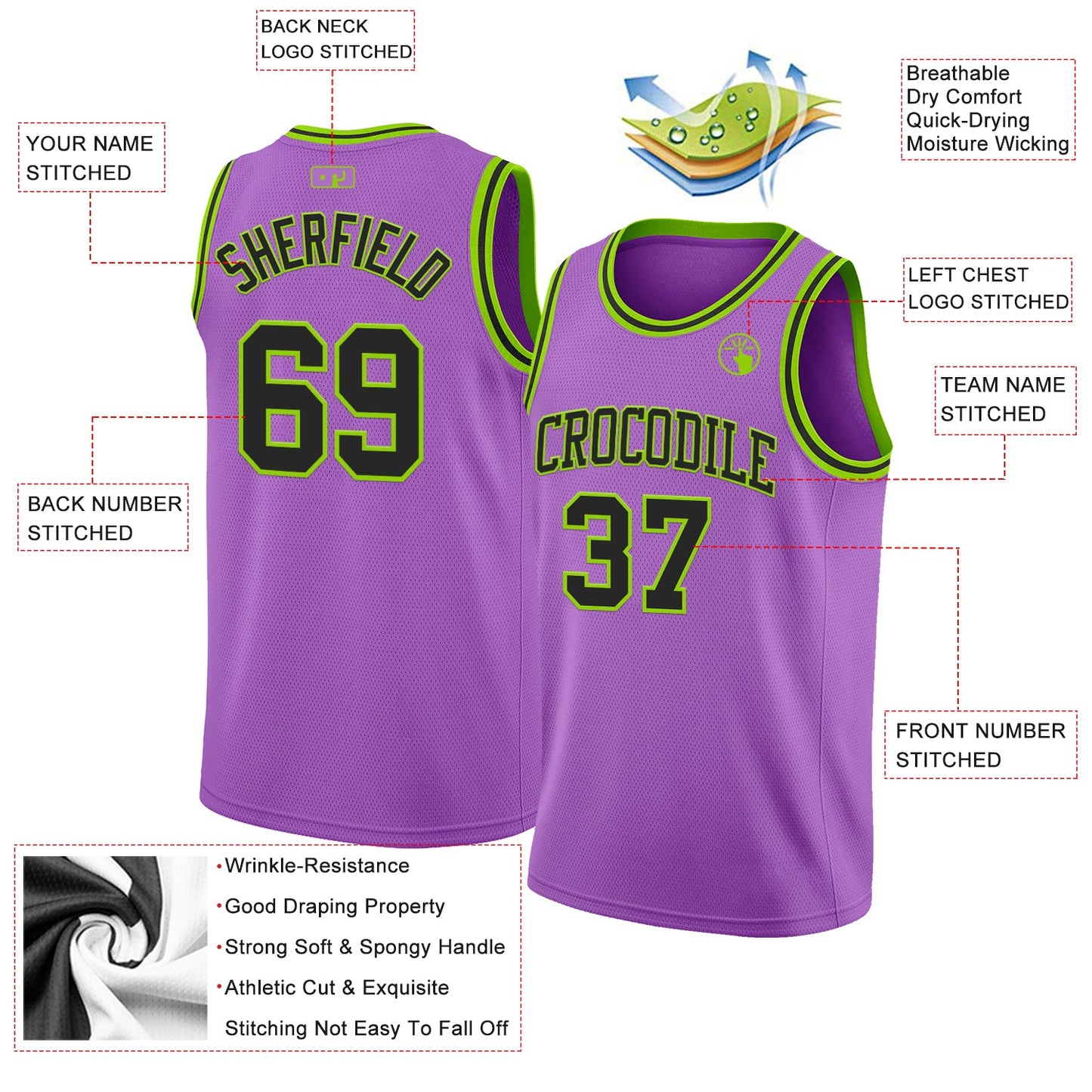Custom Medium Purple Black-Neon Green Authentic Basketball Jersey view 2