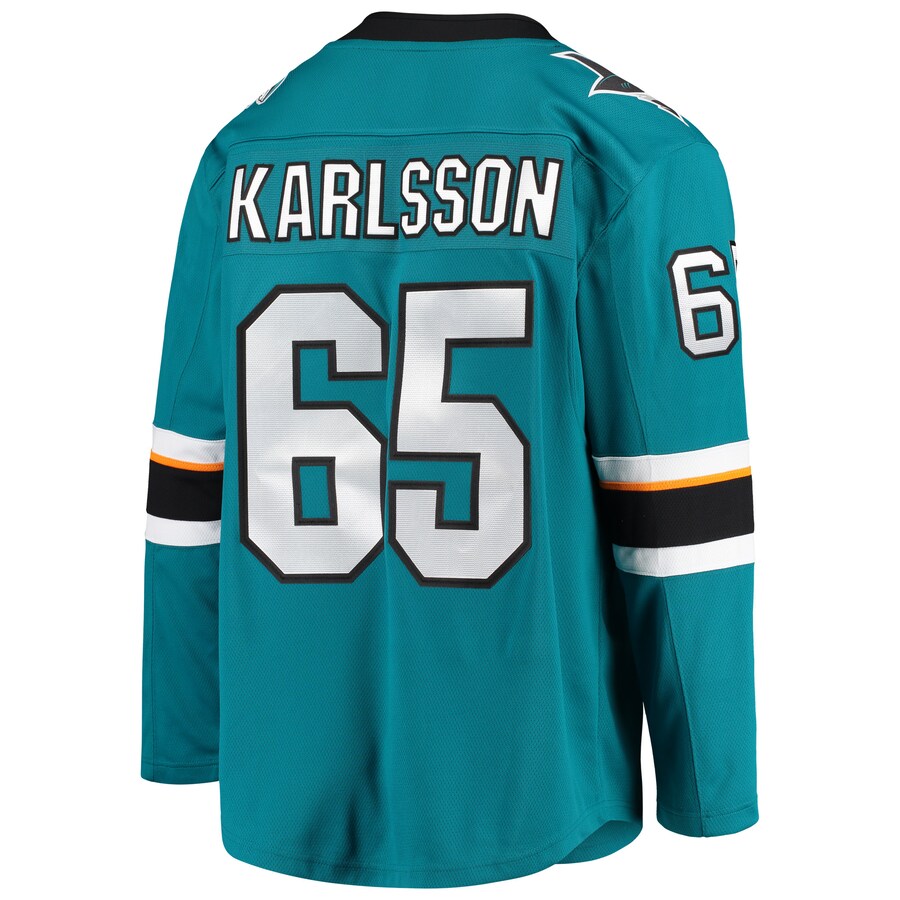 SJ.Sharks #65 Melker Karlsson Fanatics Branded Breakaway Home Player Jersey  Teal Stitched American Hockey Jerseys - Main View