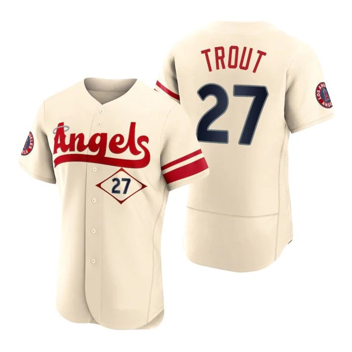 Baseball Jerseys Men Los Angeles Angels #27 Mike Trout Cream Stitched 2022 City Connect Jersey - Main View