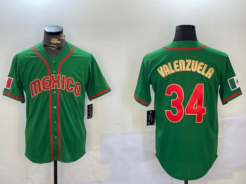 Mexico Baseball #34 Fernando Valenzuela 2023 Green Gold World Classic Stitched Jersey - Main View