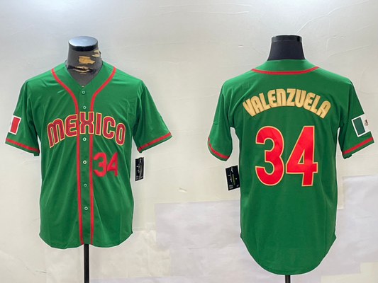 Mexico Baseball #34 Fernando Valenzuela Number 2023 Green Gold World Classic Stitched Jersey - Main View