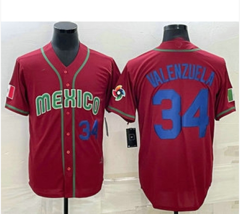 Mexico Baseball #34 Fernando Valenzuela Number 2023 Red Blue World Baseball Classic Stitched Jerseys Baseball Jerseys - Main View