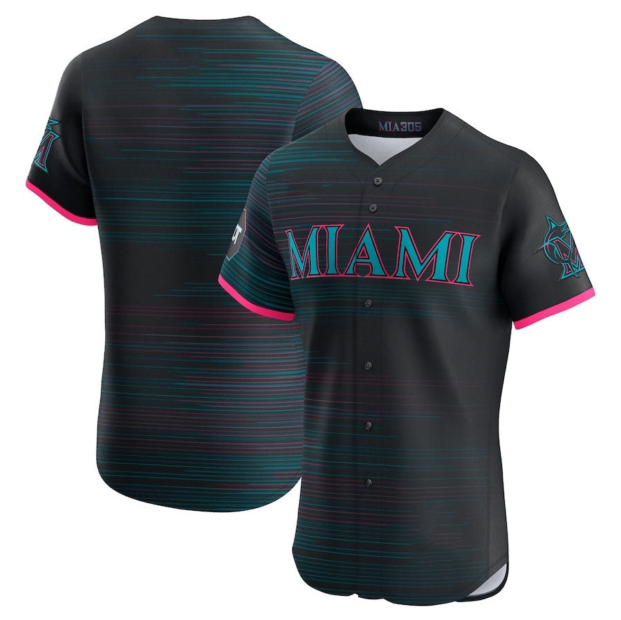 Miami Marlins 2025 City Connect Elite Jersey With Sponsor Patch - Black Stitched Baseball Jersey - Main View