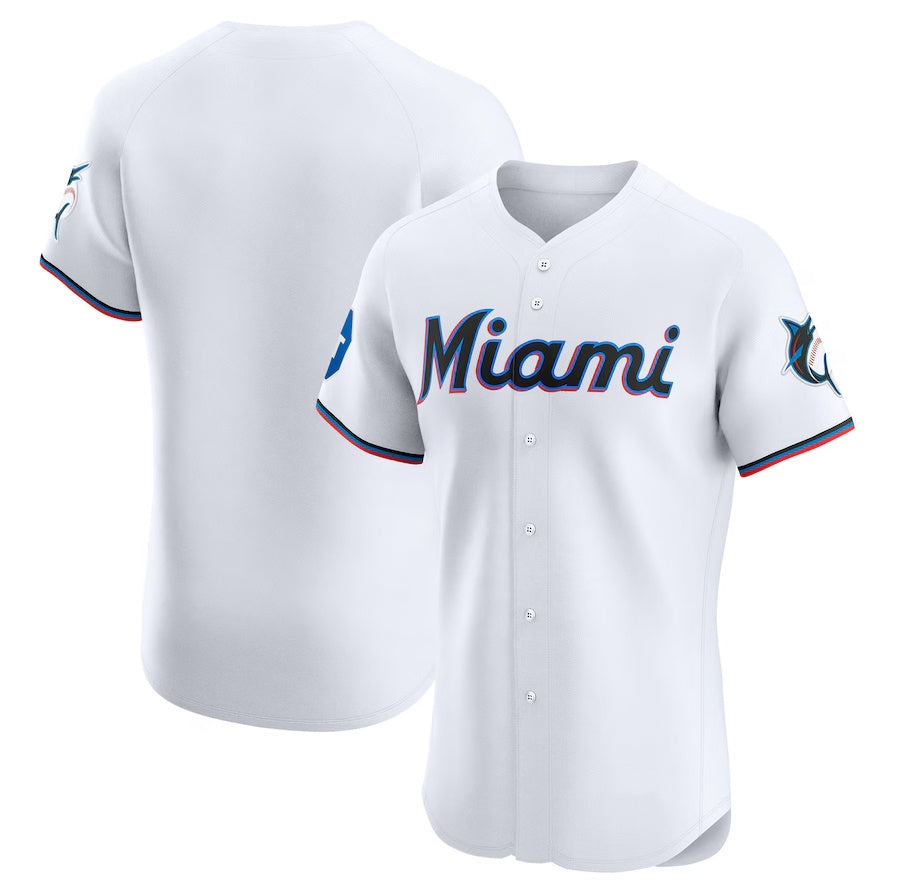 Miami Marlins Home Elite Patch Jersey - White Stitched Baseball Jersey - Main View