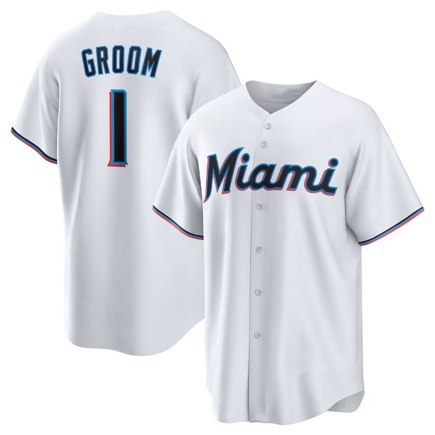 Miami Marlins #1 Groom Home Replica Jersey - White Stitched Baseball Jersey - Main View