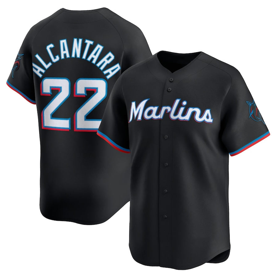 Miami Marlins #22 Sandy Alcantara Alternate Limited Player Jersey - Black Stitched Baseball Jersey - Main View