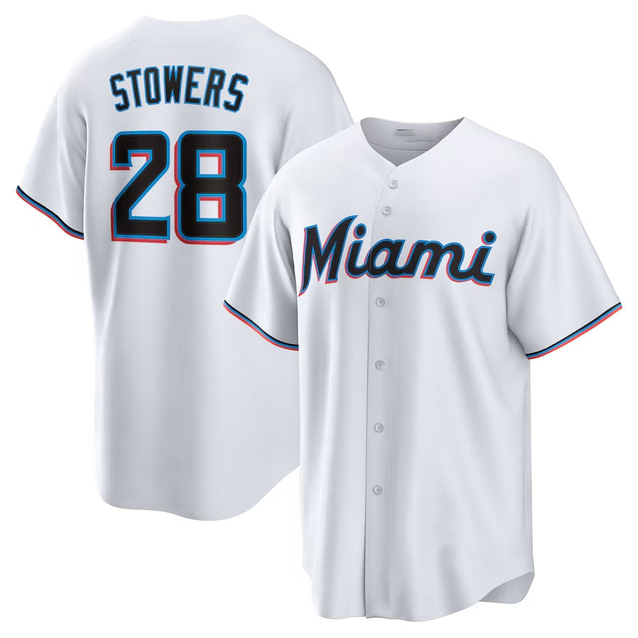 Miami Marlins #28 Kyle Stowers Home Replica Jersey - White Stitched Baseball Jersey - Main View