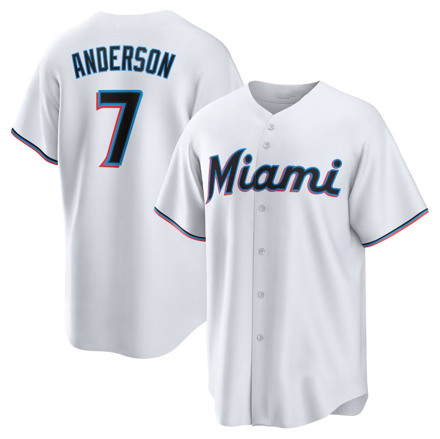 Miami Marlins #7 Tim Anderson Home Replica Player Jersey - White Stitched Baseball Jersey - Main View
